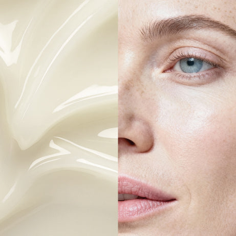 Split image showing a close-up of a person's face with smooth, hydrated skin on the right and a creamy beige skincare product texture on the left.