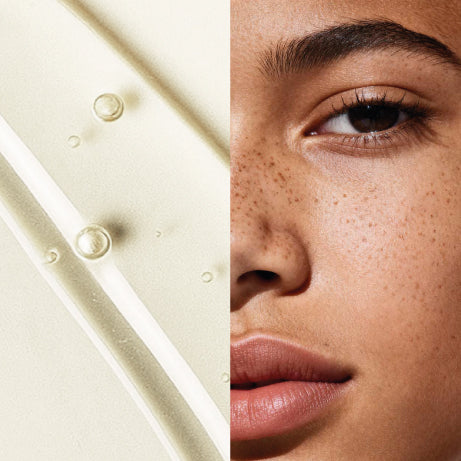 A split image showing a close-up of a person’s face with freckles and smooth, healthy skin on the right and a light gel texture with visible bubbles on the left. The composition highlights freshness and skin clarity.