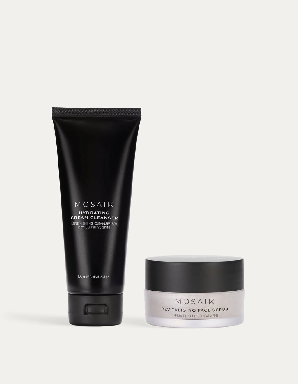 The Mosaik Hydrating Cream Cleanser and Revitalising Face Scrub are displayed side by side against a light background. Their sleek black and frosted packaging emphasizes a minimalist, modern skincare aesthetic.