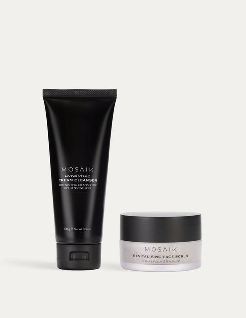 The Mosaik Hydrating Cream Cleanser and Revitalising Face Scrub are displayed side by side against a light background. Their sleek black and frosted packaging emphasizes a minimalist, modern skincare aesthetic.