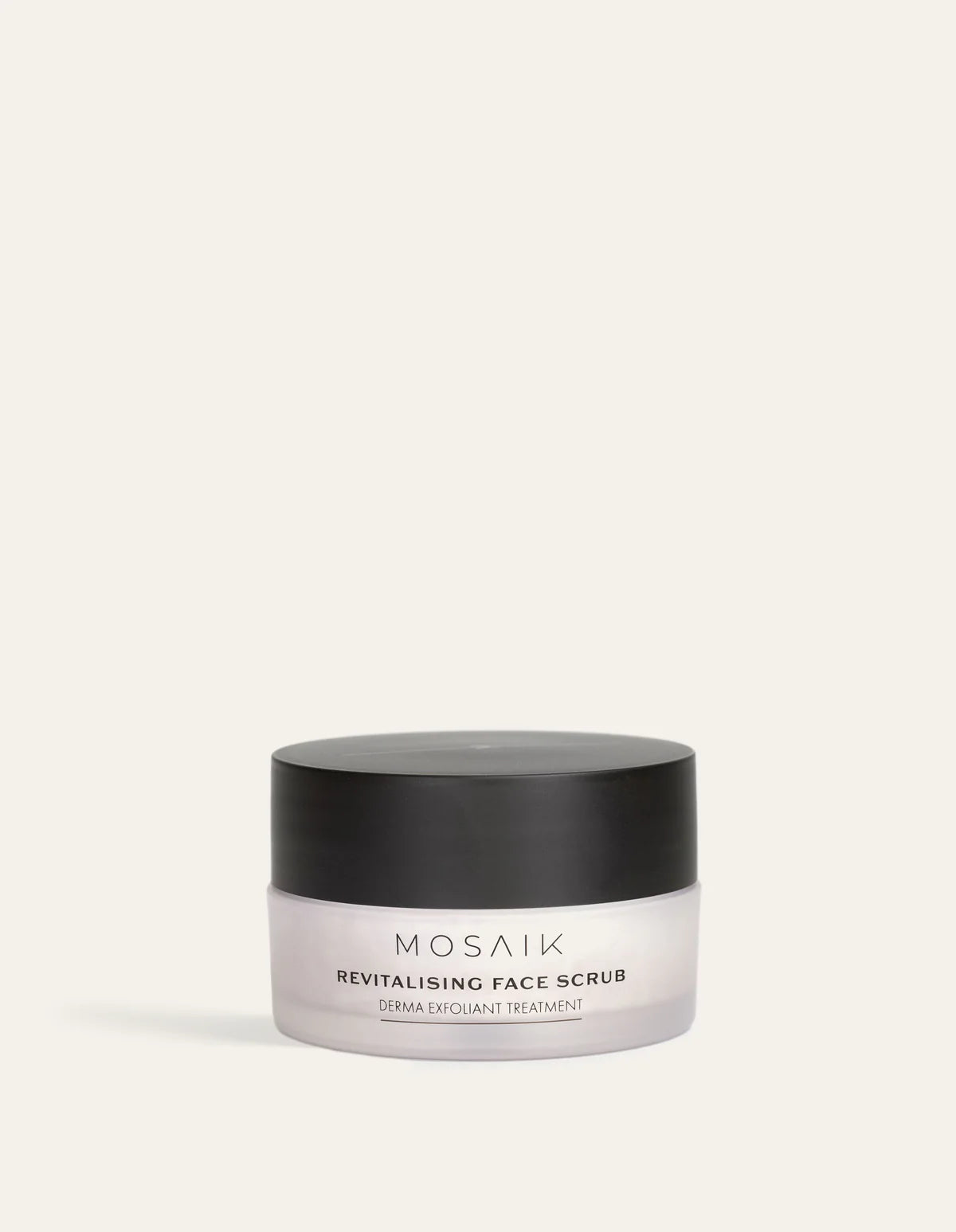 A product image of Mosaik Revitalising Face Scrub in a minimalist frosted jar with a black lid. The clean composition and soft lighting emphasize the brand’s refined and modern skincare aesthetic.