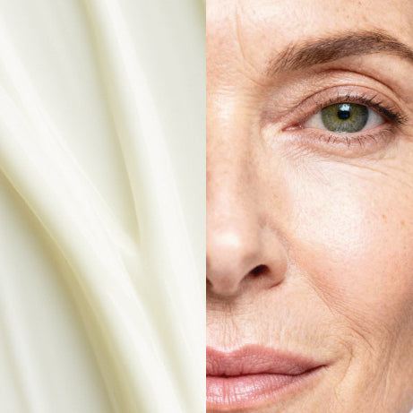 Split image showing a close-up of a person's face with natural, radiant skin and green eyes on the right, and a smooth, creamy skincare texture in an ivory tone on the left.