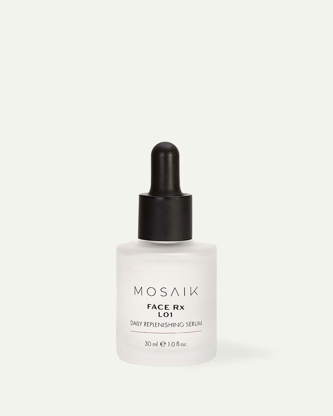 MOSAIK Face RX L01 replenishing serum in frosted glass dropper bottle, 30 ml.