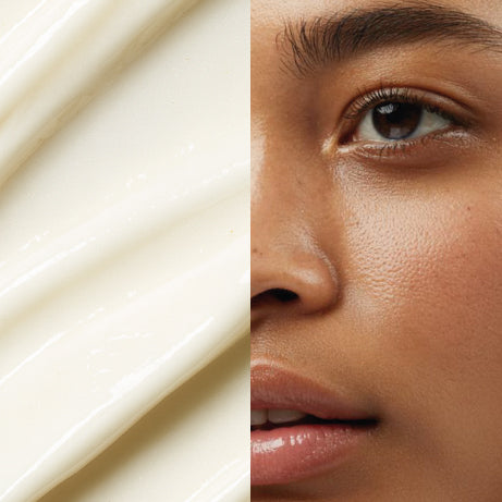 A split image showing a close-up of a person’s face with even, hydrated skin on the right and a smooth cream texture on the left. The composition emphasizes moisture and skin nourishment.
