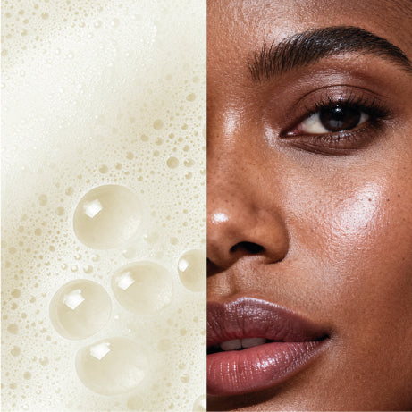 A split image showing a close-up of a person’s face with smooth, glowing skin on the right and soap bubbles on a light background on the left. The composition emphasizes clean, hydrated skin.