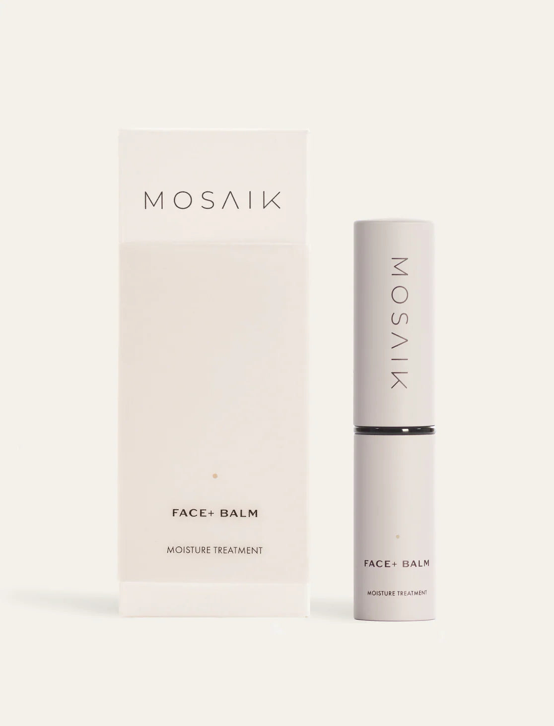 A Mosaik Face Balm is displayed next to its matching minimalist box labeled “Moisture Treatment.” The clean beige tones and simple typography highlight the brand’s refined and modern skincare aesthetic.