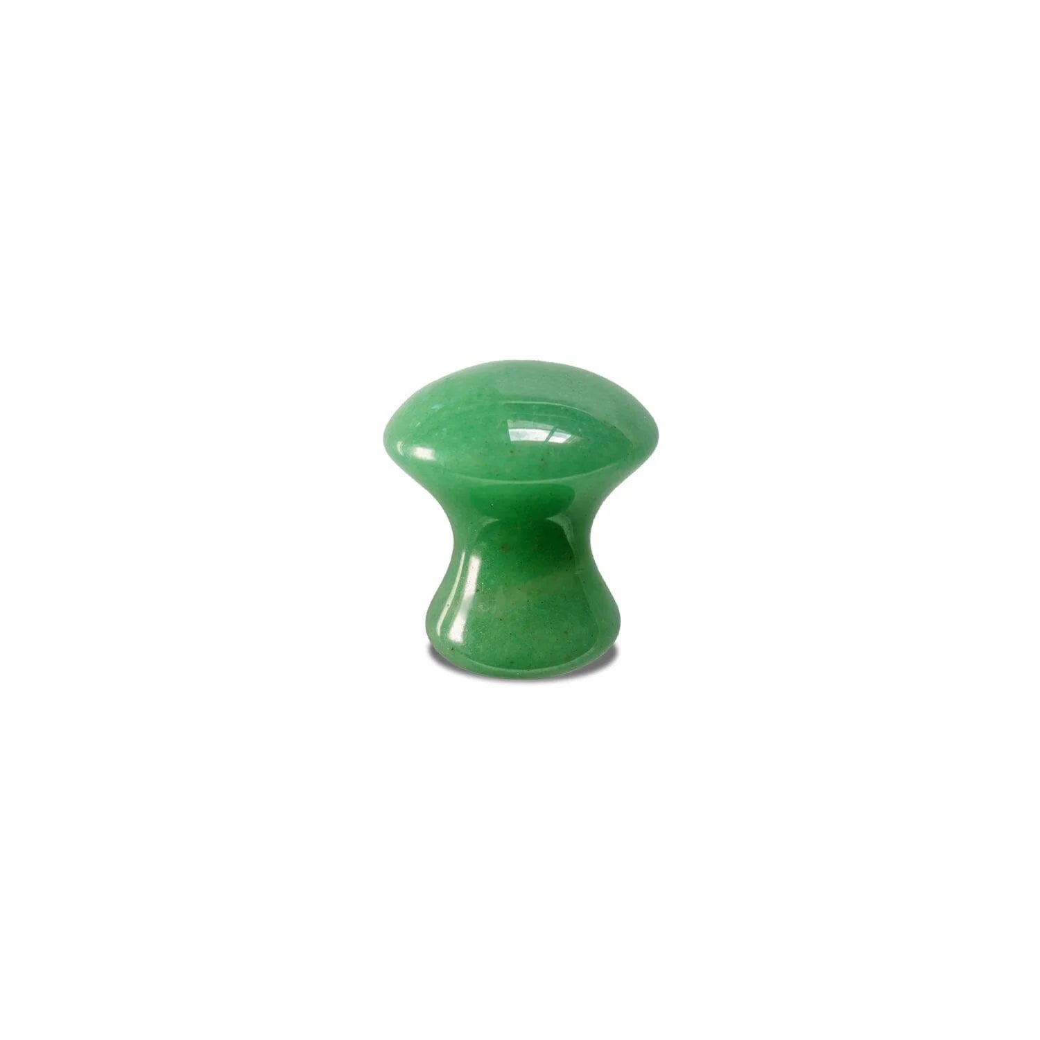 Green jade mushroom-shaped massage tool used for facial lifting and lymphatic drainage, isolated on a white background.