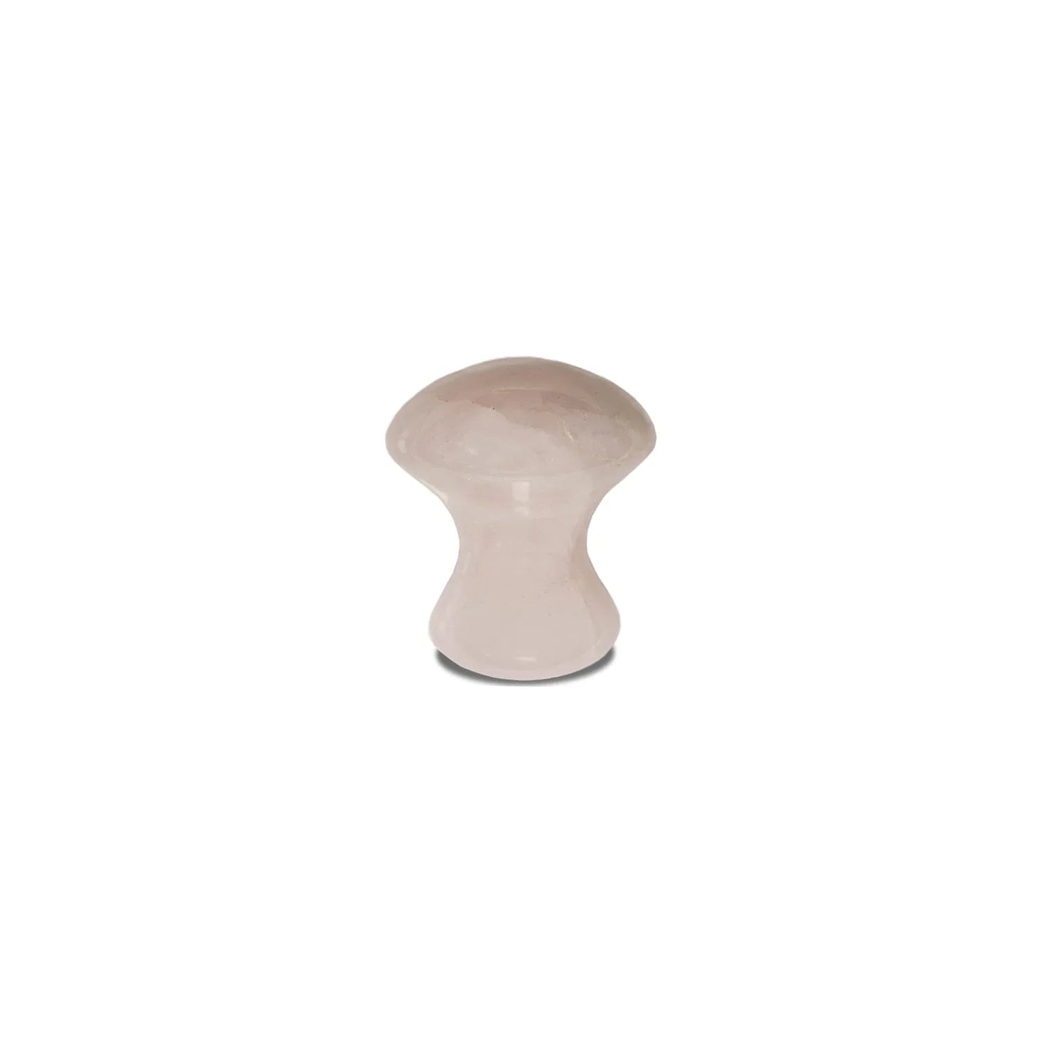 Rose quartz mushroom-shaped massage tool for facial lifting and relaxation, isolated on a white background.
