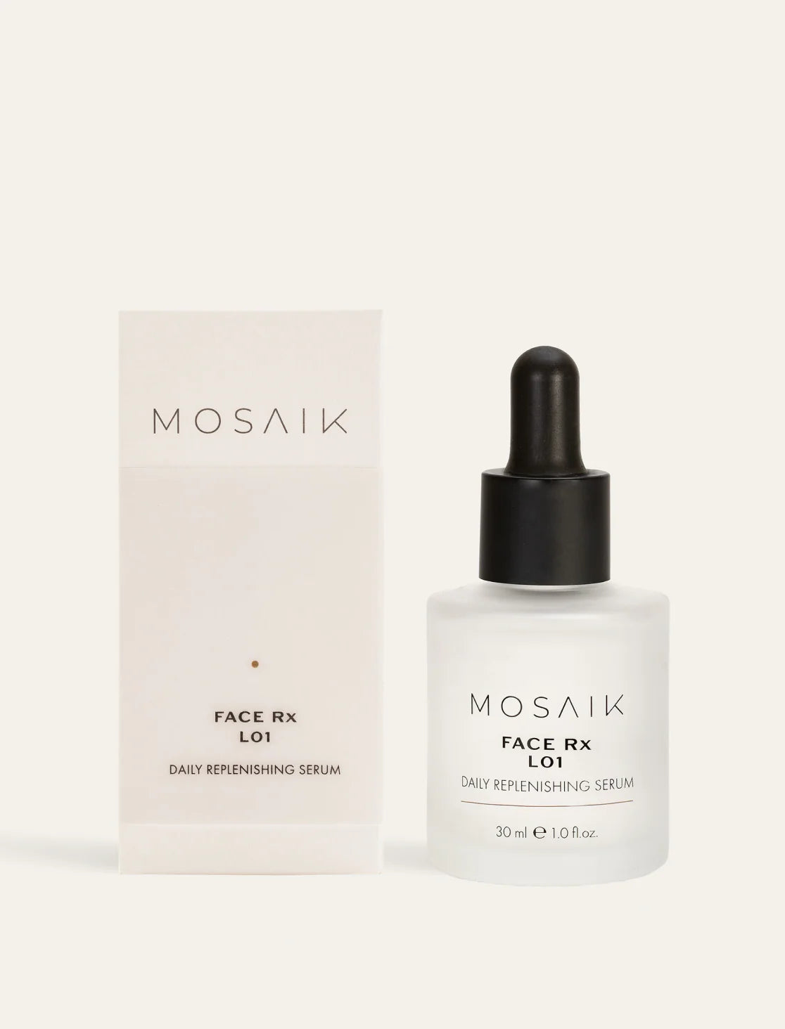 Product image of MOSAIK Face Rx L01 Daily Replenishing Serum featuring its minimalist white box and frosted glass bottle with a black dropper cap, displayed on a neutral light background.
