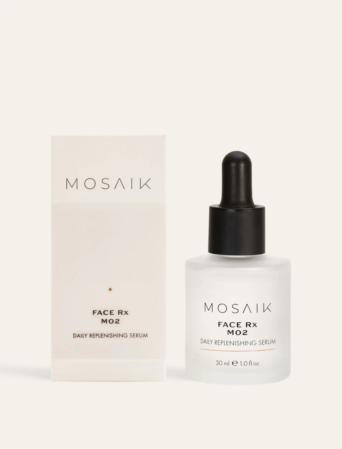 Product image of MOSAIK Face Rx MO2 Daily Replenishing Serum with its minimalist white packaging and frosted glass bottle featuring a black dropper cap, displayed on a light background.