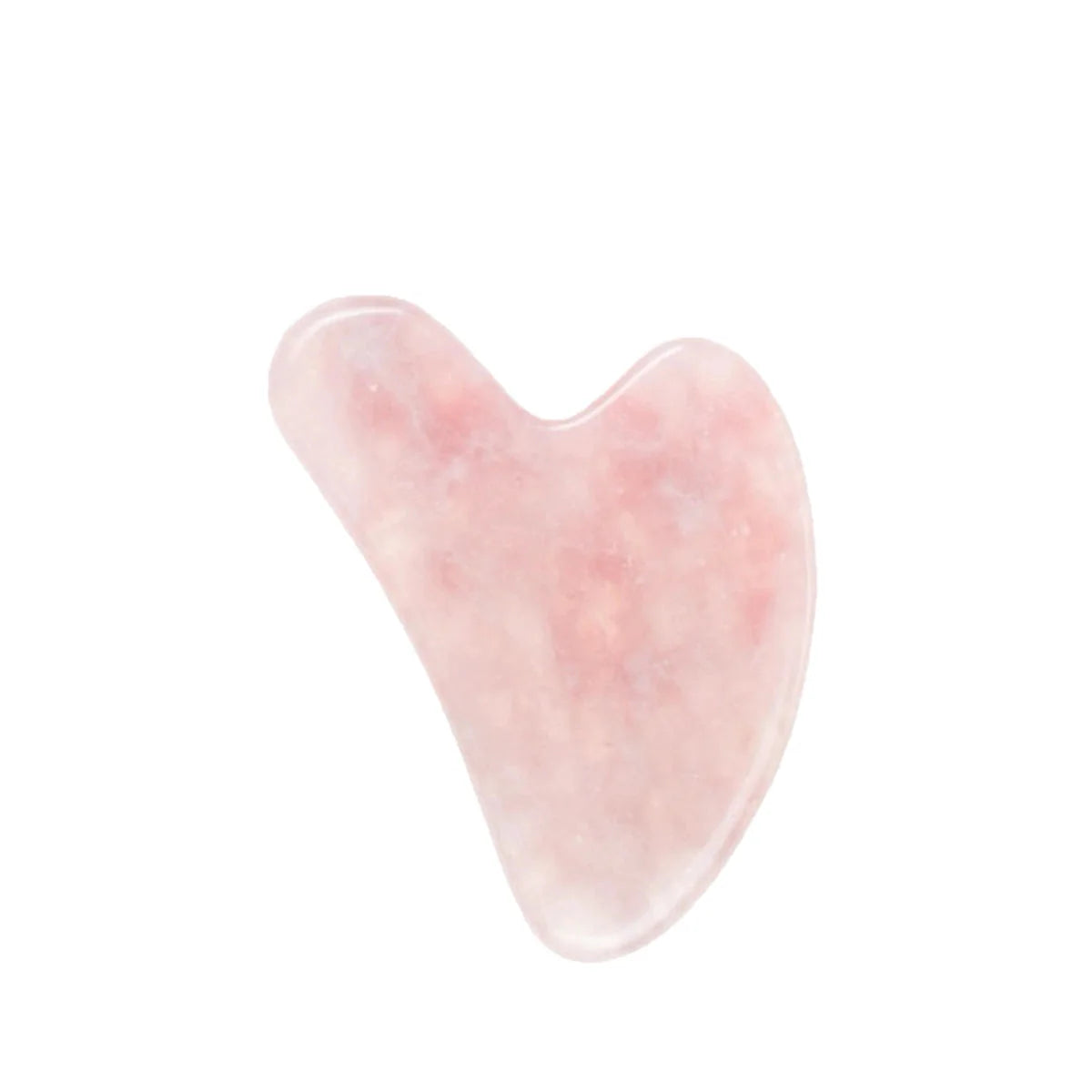 Rose quartz gua sha facial massage tool in a heart shape, designed to lift, sculpt, and promote skin radiance, isolated on a white background.