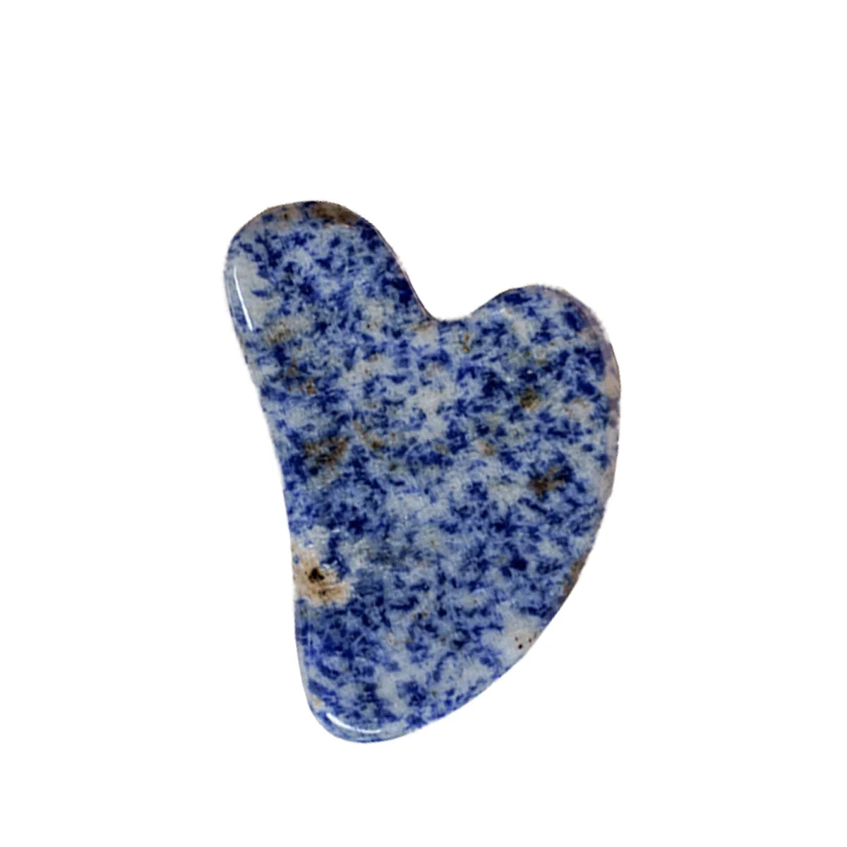 Blue sodalite gua sha facial massage tool in a heart shape, designed to sculpt and lift the face, isolated on a white background.