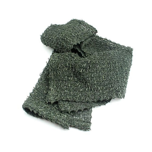 A folded piece of dark green woven mesh fabric with a coarse, open texture. The material appears slightly glossy and flexible, shown against a white background.