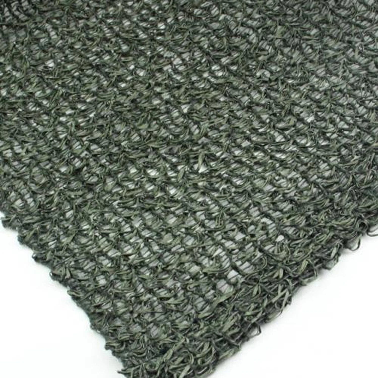 A close-up of a dark green woven mesh fabric with a loose, textured pattern. The material has a slightly glossy surface and visible interlaced fibers.