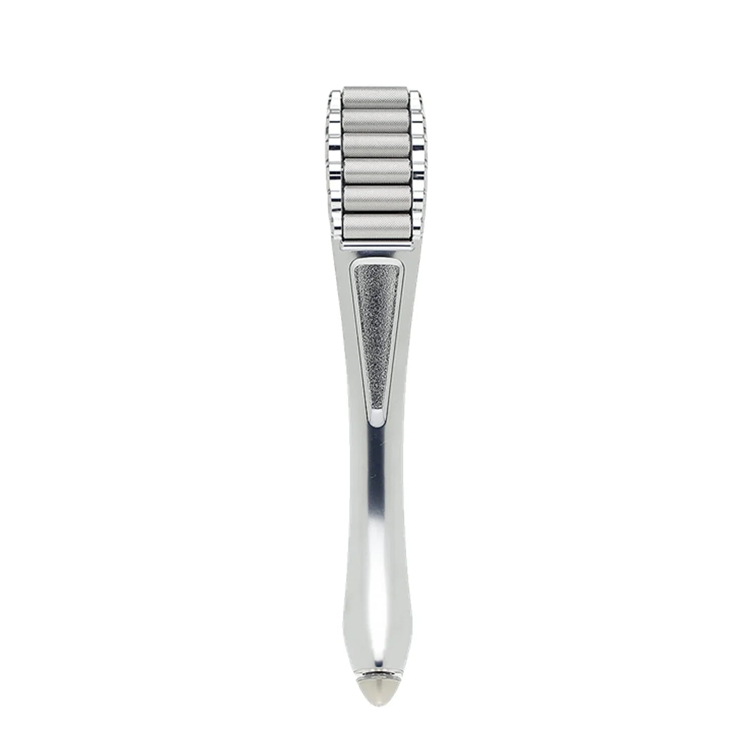 Slim Cera silver facial roller viewed from the front, featuring a ridged roller head and sleek ergonomic handle, used for skin tightening and facial massage.