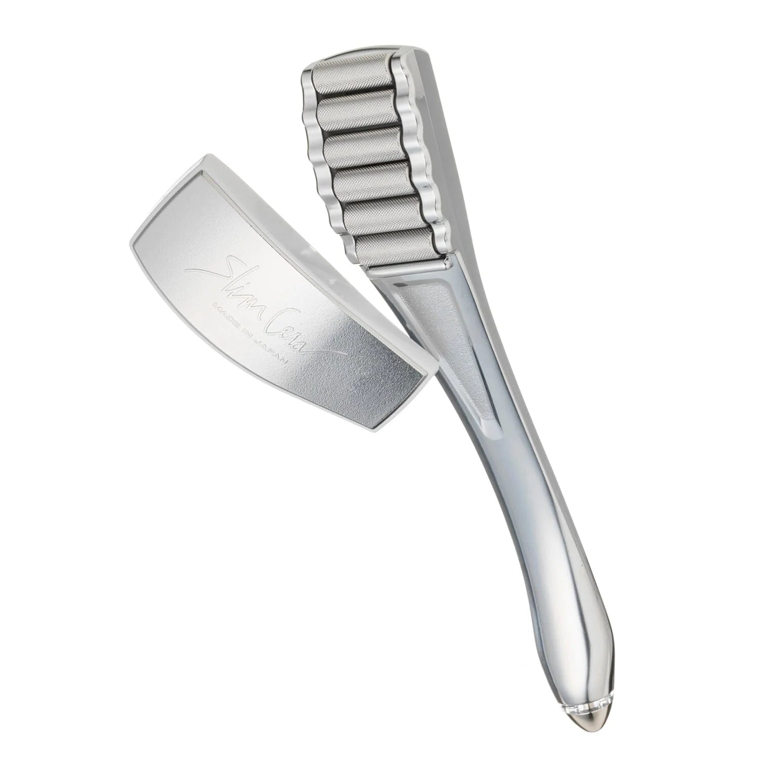 Silver Slim Cera facial massage roller with multiple ridged rollers and ergonomic handle, made in Japan, isolated on a white background.